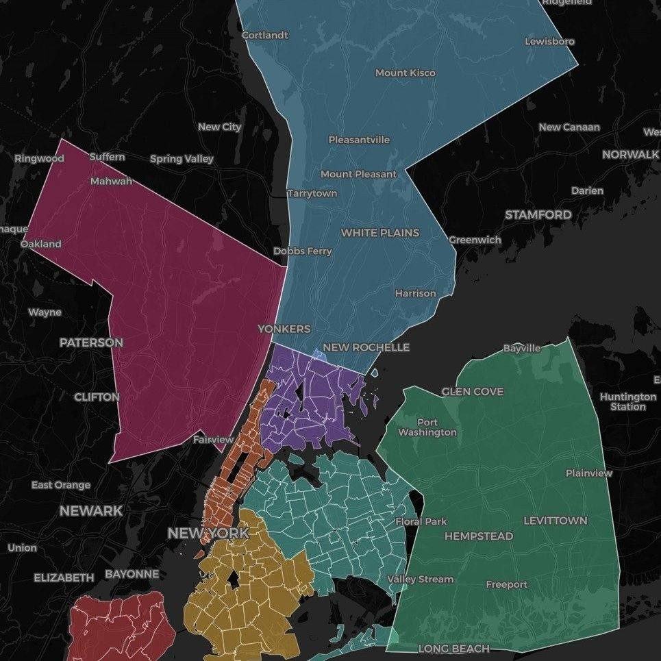 NYC metro service area coverage map for Sub-Zero and Wolf appliance repair: Manhattan, Brooklyn, Westchester, Nassau, Bergen NJ