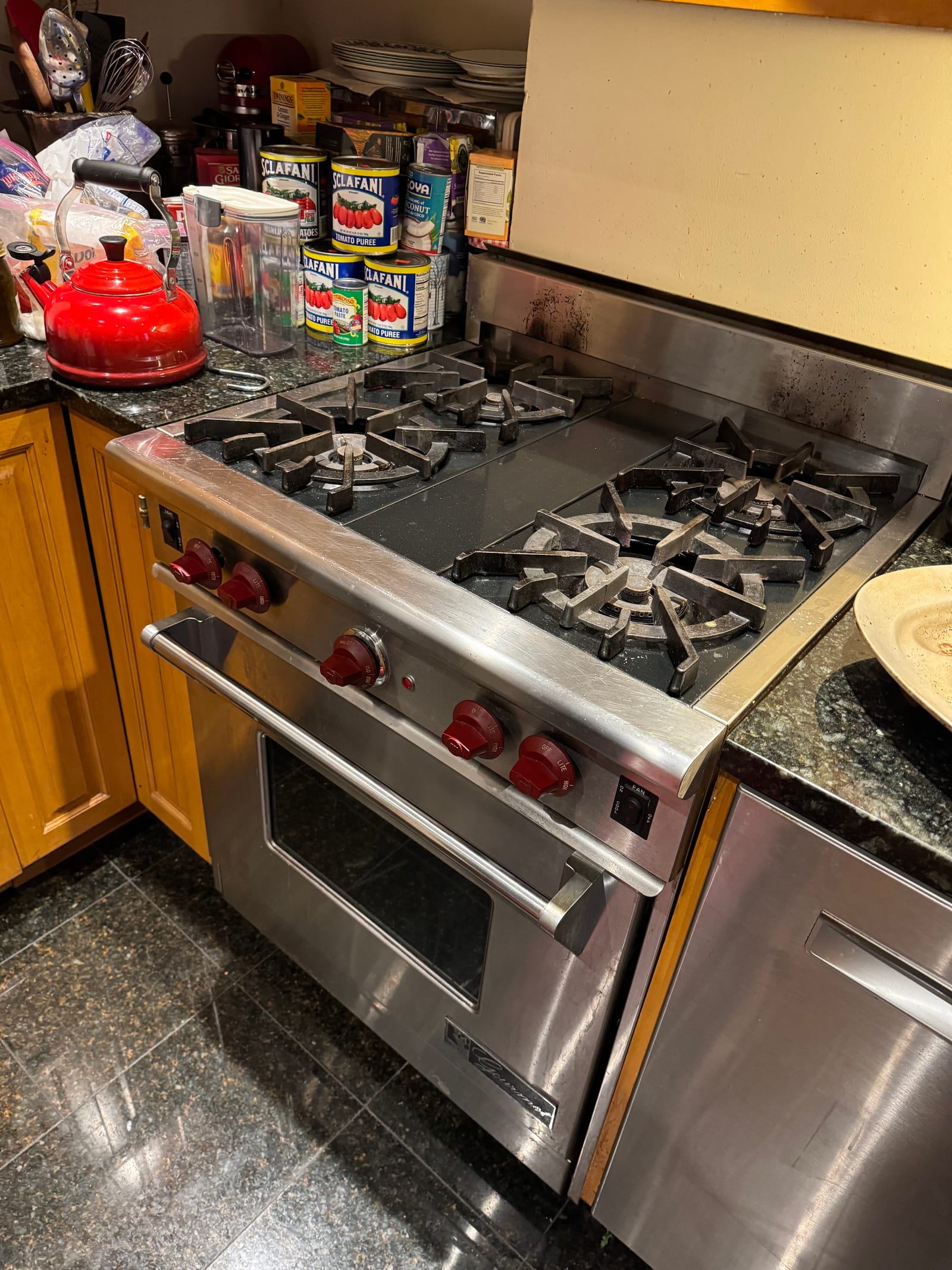 Wolf DF dual fuel range with grates removed during NYC repair